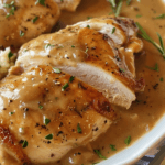 Juicy, slow-cooked chicken breasts smothered in rich, savory gravy, garnished with fresh herbs, and served on a white plate.