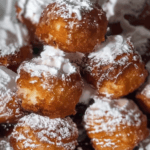 A delicious stack of deep-fried marshmallows on sticks, golden brown, crispy, and dusted with powdered sugar, drizzled with syrup.