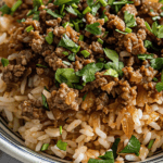 A bowl of French Onion Ground Beef and Rice Casserole with seasoned ground beef, tender rice, and fresh parsley garnish.