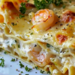 A mouthwatering slice of Lovely Garlic Butter Shrimp Scampi Lasagna, layered with succulent shrimp, creamy scampi sauce, and gooey melted cheese.