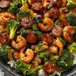 A bowl of honey garlic shrimp and sausage with broccoli, served over white rice and garnished with sesame seeds and chili flakes.