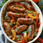 A hearty Italian sausage and pepper casserole in a white baking dish, featuring browned sausages, colorful bell peppers, onions, and a rich tomato-based sauce, garnished with fresh parsley.