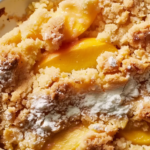 A close-up of Lovely Peach Cobbler Dump Cake with a golden, crumbly topping, juicy peach filling, and a dusting of powdered sugar.