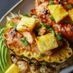 Pineapple-stuffed teriyaki chicken served in a hollowed-out pineapple, topped with fresh pineapple chunks, green onions, and sesame seeds over brown rice.