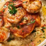 A plate of crispy red snapper and shrimp over creamy grits, drizzled with a rich Cajun cream sauce and garnished with fresh herbs.