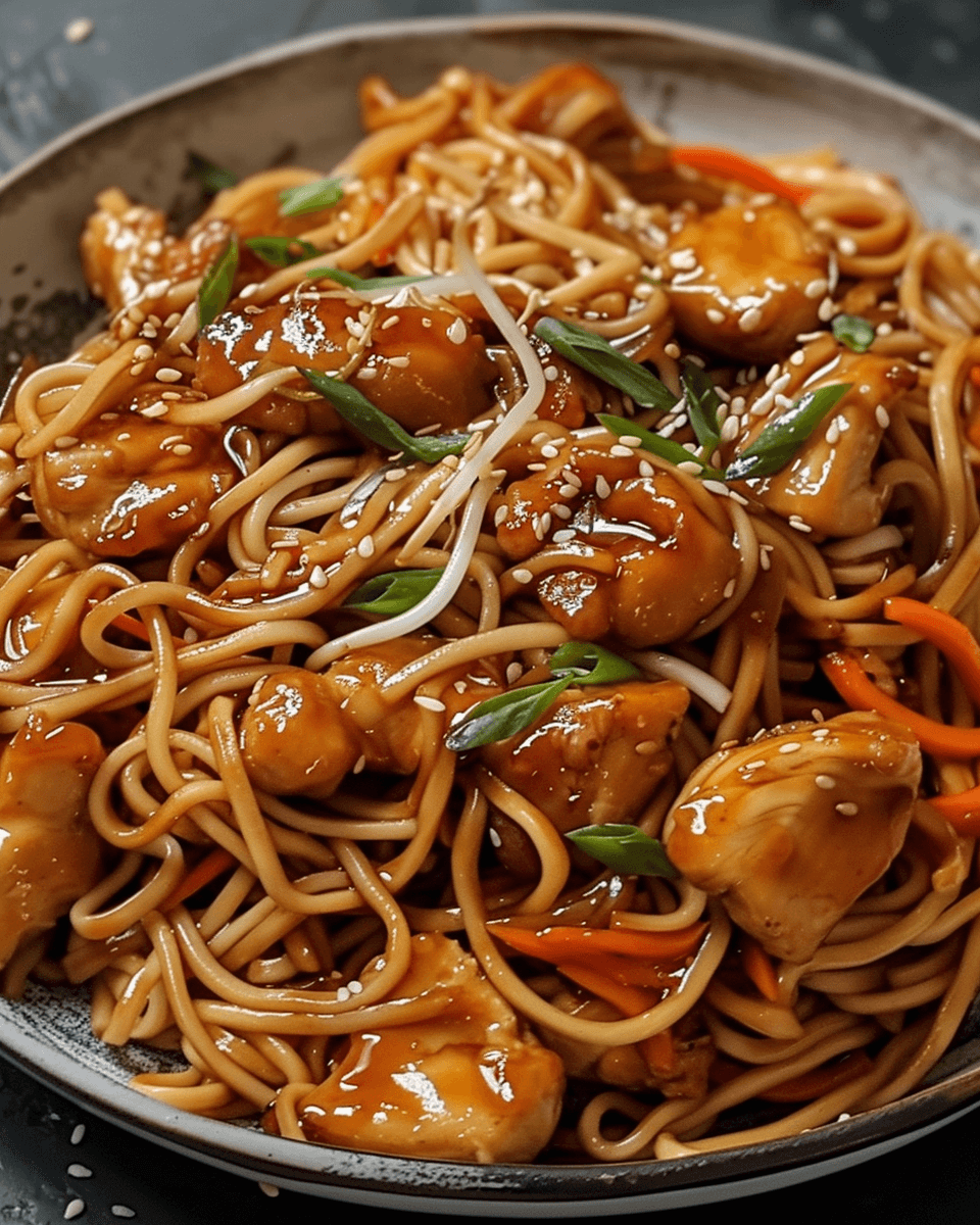 A plate of honey garlic chicken lo mein with tender chicken, stir-fried noodles, carrots, green onions, and sesame seeds in a glossy, flavorful sauce.