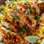 Juicy grilled chicken served over a bed of warm, seasoned rice with sweet corn, fresh cilantro, and a squeeze of lime.