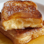 A rich and caramelized Overnight Crème Brûlée French Toast, golden brown with a crispy top, soft custard-like center, and drizzled with syrup.