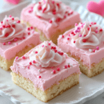 Close-up of pink vanilla cake squares with fluffy vanilla sponge, smooth pink buttercream frosting, and decorative sugar pearls on a white plate.