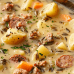 A hearty bowl of Potato and Sausage Chowder with Wild Rice, featuring tender potatoes, savory sausage, wild rice, and a creamy, flavorful broth, garnished with fresh herbs.