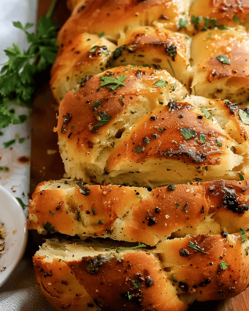 Close-up of freshly baked pull-apart garlic bread, golden brown and garnished with herbs.