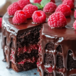 A rich, moist chocolate cake layered with raspberry filling and covered in glossy chocolate ganache, topped with fresh raspberries and a mint leaf.