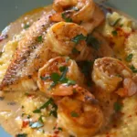 A plate of red snapper and shrimp over creamy grits, topped with Cajun cream sauce, garnished with fresh parsley and spices.