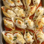 A tray of seafood stuffed shells filled with a creamy seafood mixture, topped with melted cheese and fresh parsley, baked in a rich tomato sauce.