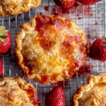 Freshly baked strawberry hand pies with golden, flaky crusts, drizzled with strawberry syrup, surrounded by ripe strawberries on a cooling rack.