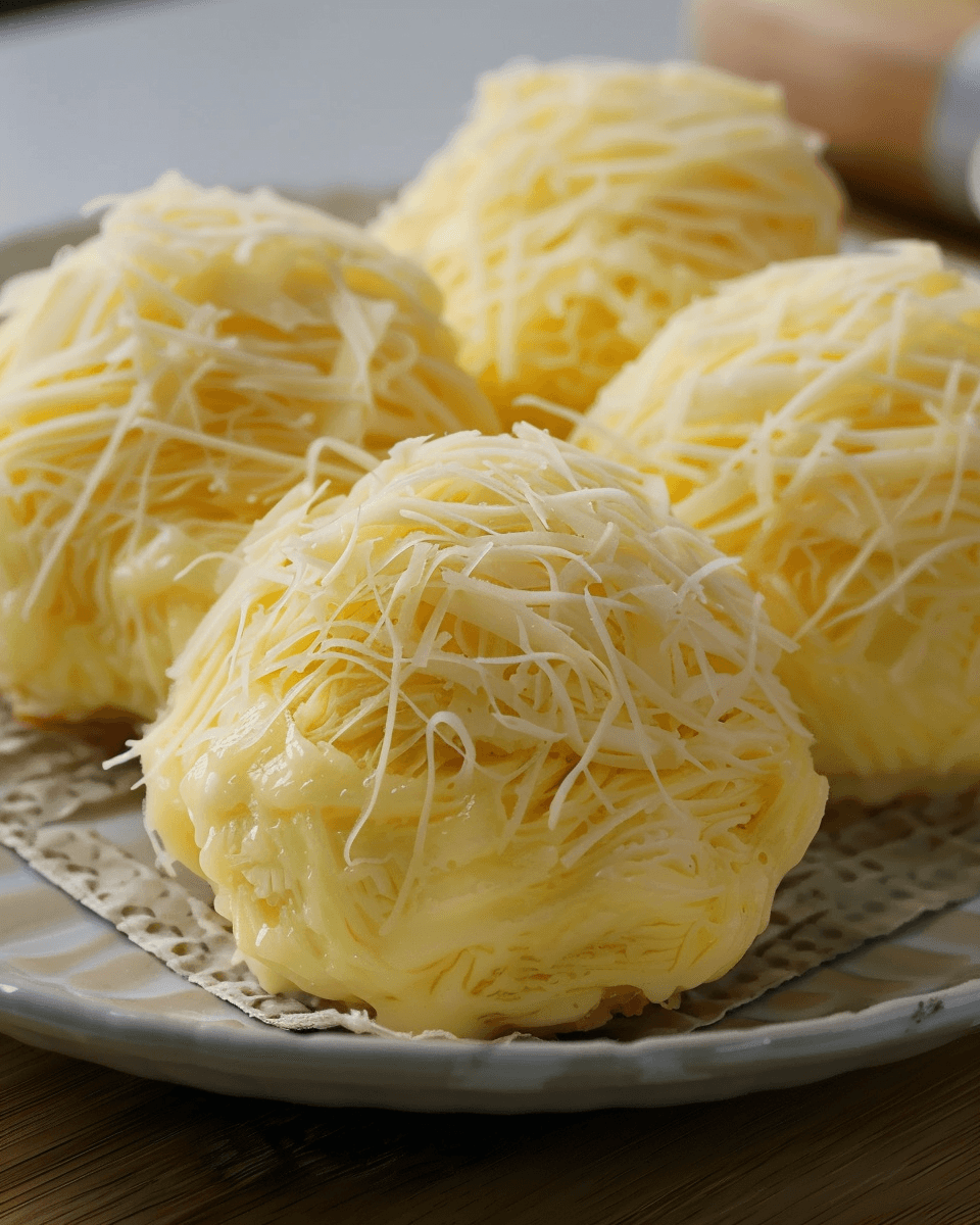 Soft and buttery Filipino ensaymada topped with creamy butter and generous shreds of cheese, served on a plate.