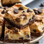 A stack of Chocolate Chip Cookie Dough Cheesecake Bars with a creamy cheesecake layer, chocolate chip cookie dough base, and chocolate chips on top