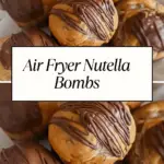 A plate of golden brown Air Fryer Nutella Bombs drizzled with melted chocolate, arranged neatly on white parchment paper.