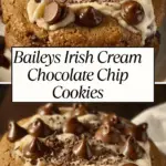 Thick Baileys Irish Cream chocolate chip cookies topped with creamy frosting, chocolate chips, and chocolate shavings, stacked on a plate.