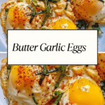 Butter garlic eggs on a white plate, topped with fresh basil, red chili flakes, and melted cheese, drizzled with a savory butter sauce.