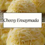 Soft and buttery Filipino ensaymada topped with creamy butter and generous shreds of cheese, served on a plate.