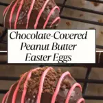 Chocolate-covered peanut butter Easter eggs decorated with colorful drizzle and cookie crumbs, resting on a cooling rack.