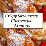 Golden-brown crispy strawberry cheesecake wontons dusted with powdered sugar, served with fresh strawberries.