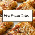 Golden brown Irish potato cakes (Potato Farls) served on a white plate, garnished with fresh herbs.