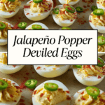 A tray of Jalapeño Popper Deviled Eggs, featuring creamy yolk filling, dusted with paprika, and topped with sliced jalapeños for a spicy kick.