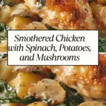 Smothered chicken with spinach, potatoes, and mushrooms in a creamy sauce, served on a plate with a text overlay.