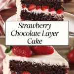 A rich chocolate layer cake filled with fresh strawberries, creamy frosting, and chocolate ganache, topped with whole strawberries