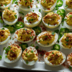 A platter of Jalapeño Popper Deviled Eggs, featuring creamy deviled egg filling topped with paprika, chopped green onions, and sliced jalapeños.