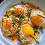 Fried butter garlic eggs on a white plate, topped with fresh basil, red chili flakes, and melted cheese, drizzled with a savory butter sauce.