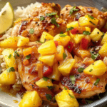 A plated dish of Lemon Ginger Chicken with Pineapple Mango Salsa, served over rice and garnished with fresh cilantro and a lime wedge.