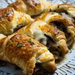 Golden-brown crescent rolls stuffed with Philly cheesesteak filling, including tender beef, melted cheese, and sautéed peppers, served on a decorative plate.