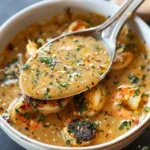 A bowl of seafood garlic butter sauce with seared shrimp, garnished with fresh herbs and red pepper flakes.