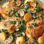 Golden-browned chicken smothered in a creamy sauce with spinach, mushrooms, and baby potatoes, served on a green-rimmed plate.