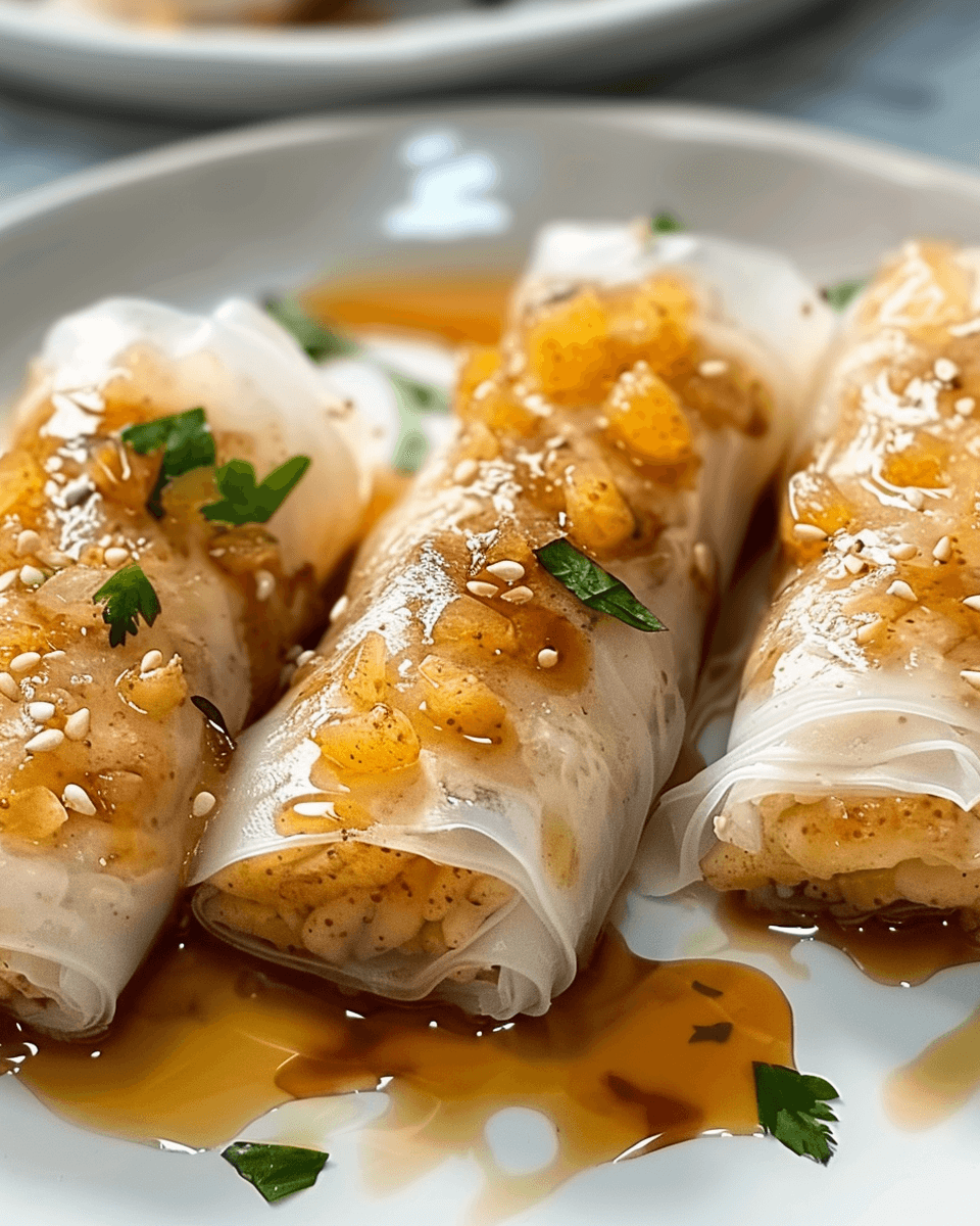 Close-up of golden, crispy Baked Apple Pie Rice Paper Rolls dusted with cinnamon sugar on a plate, with warm spiced apple filling visible.