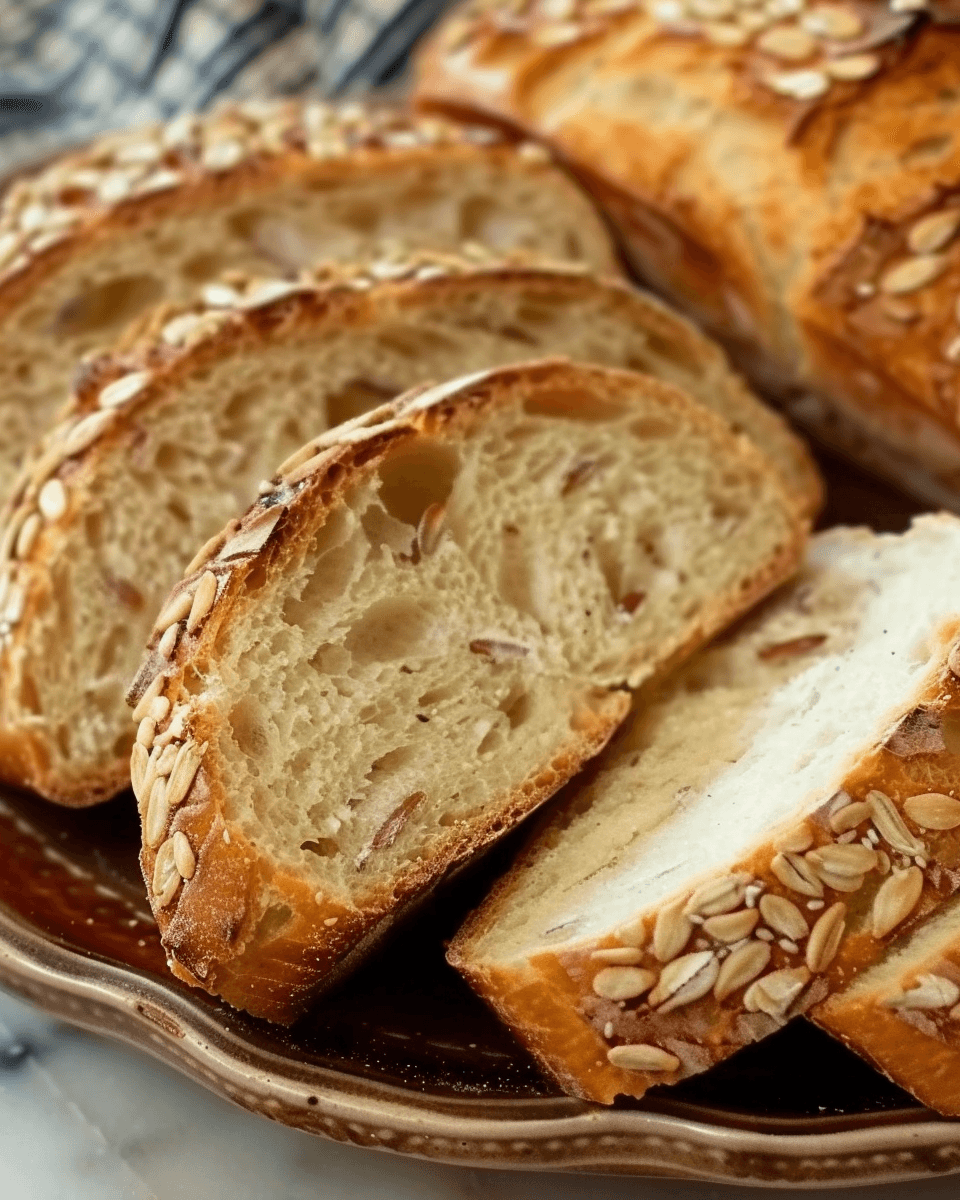 Sliced Bread in a Jar, with a golden crust, airy crumb, and a topping of sunflower seeds.