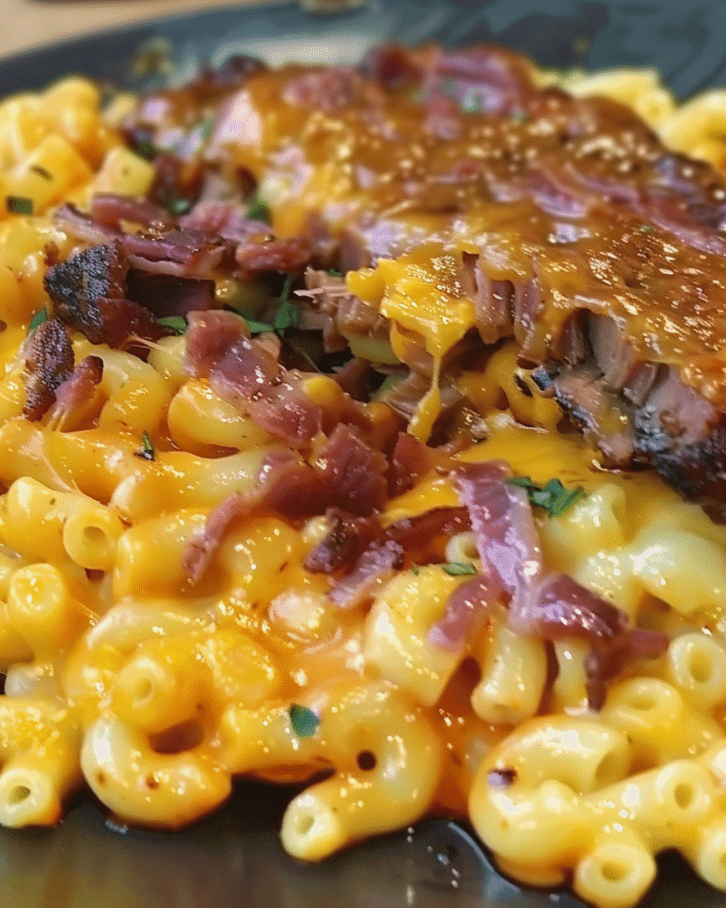 Close-up of golden, crispy Brisket Mac & Cheese Tacos filled with smoky brisket and creamy mac and cheese, garnished.