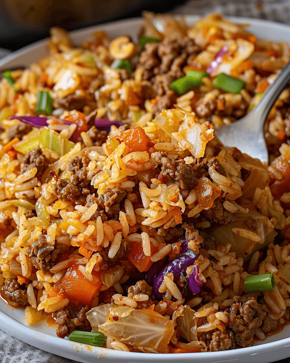 A vibrant bowl of Cajun Cabbage Jambalaya with ground beef and sliced sausage, garnished with fresh herbs. A hearty one-pot meal.