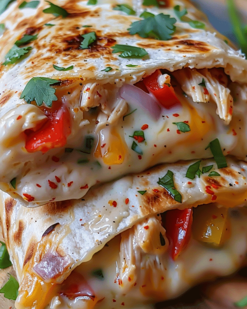 Warm Chicken Bell Pepper Ranch Burrito cut in half on a plate, revealing juicy chicken, sautéed bell peppers, and creamy ranch filling.