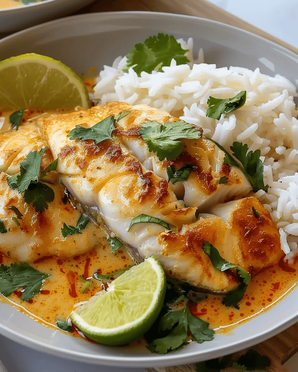 Creamy Coconut Lime Fish Curry served over fluffy Jasmine Rice in a bowl, garnished with fresh cilantro and a lime wedge.