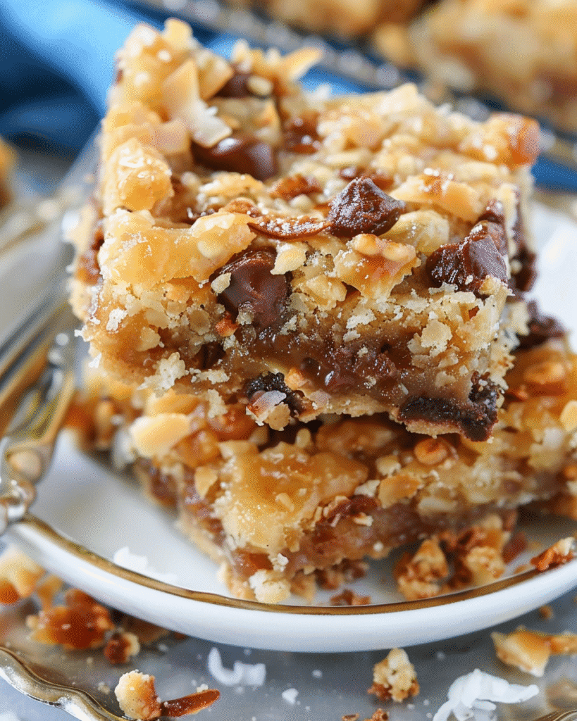 A pan of freshly baked, golden brown Coconut Toffee Chocolate Chip Cookie Bars, cut into squares, showing gooey chocolate and toasted coconut.
