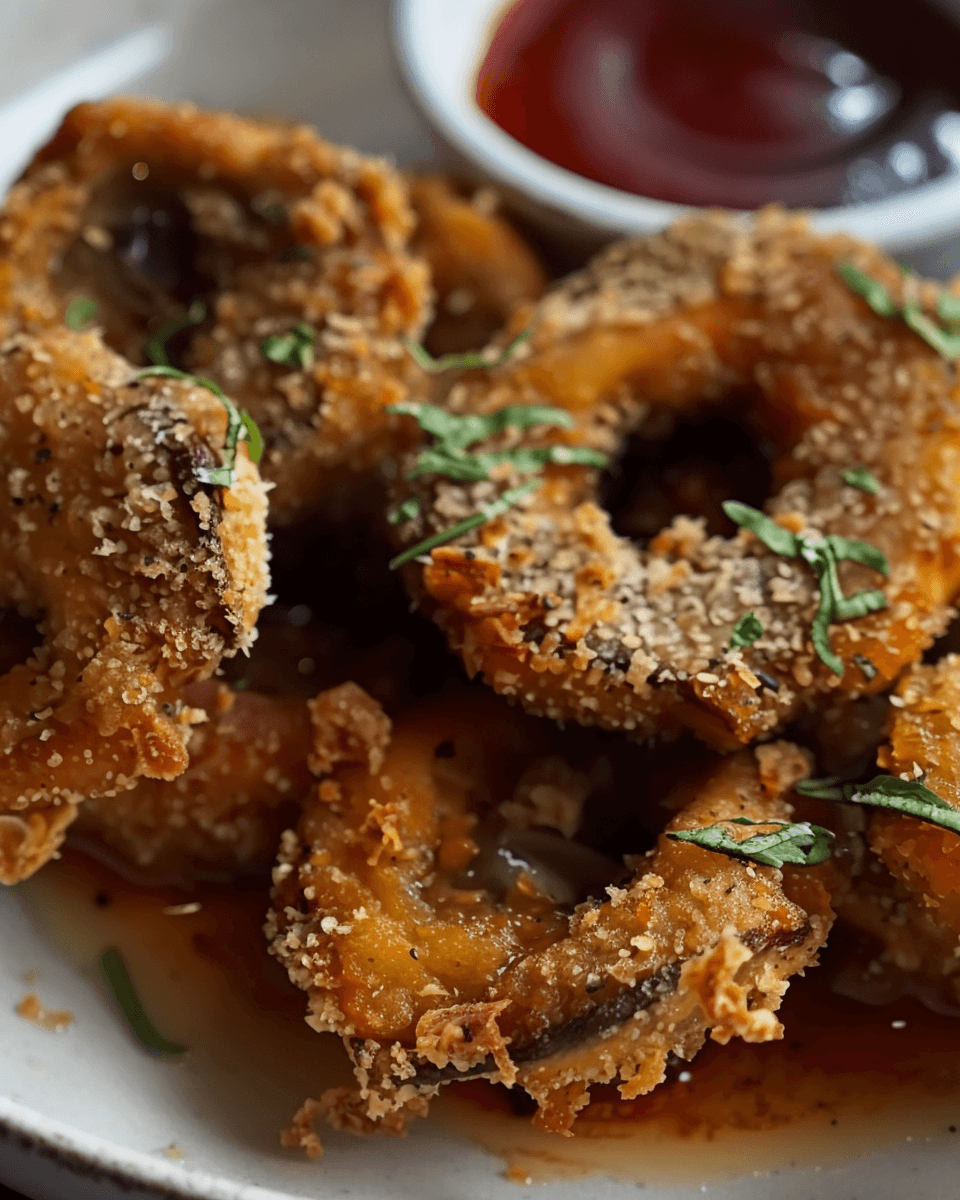 Crispy Garlic Mushroom Bites: Golden breaded mushroom rings, garnished with fresh herbs, with a side of red dipping sauce.