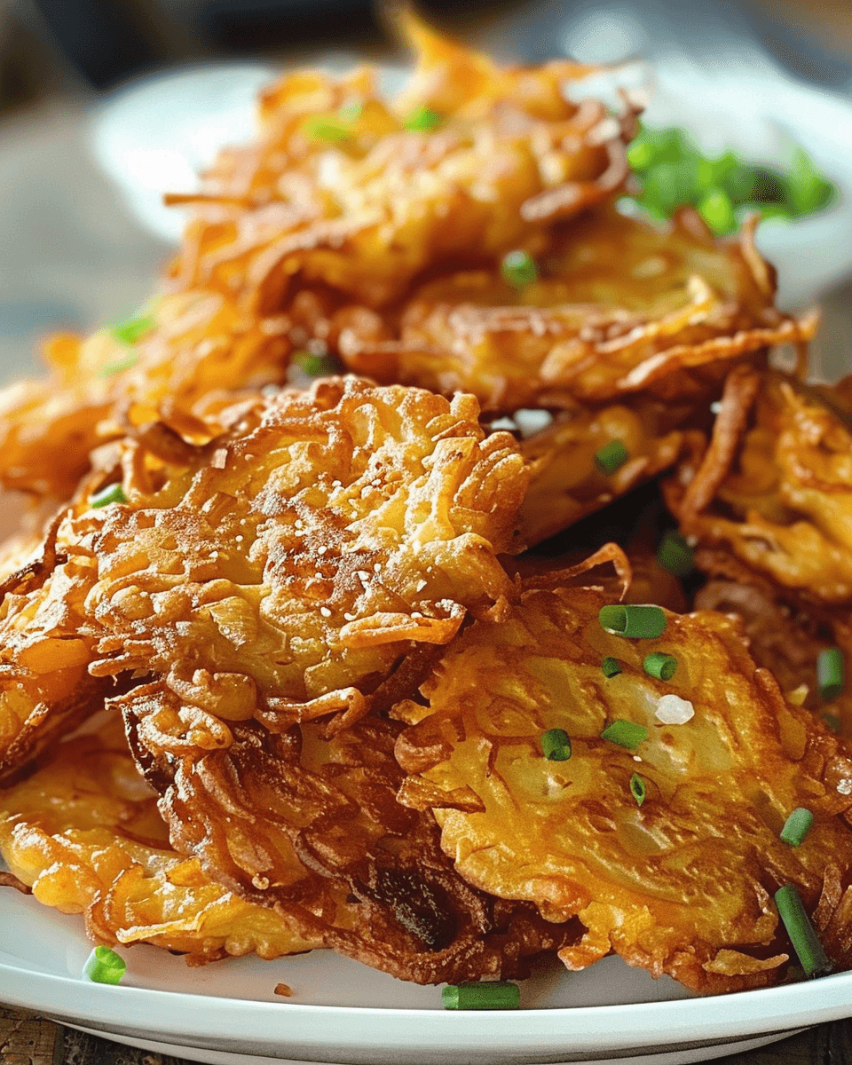 Close-up of golden brown Crispy Amish Onion Fritters piled on a plate, garnished with fresh green herbs.