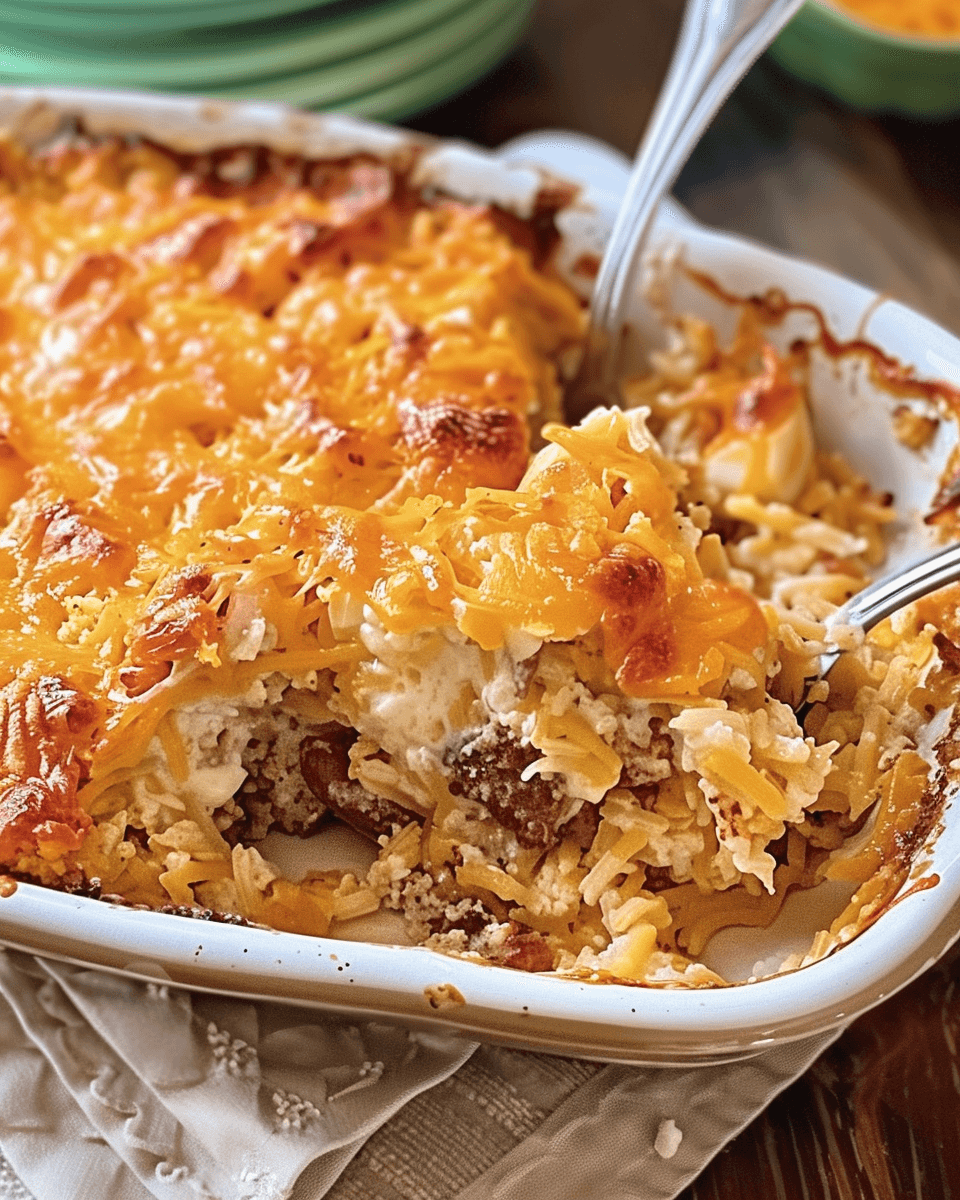 A golden-brown Dolly Parton's 5-Ingredient Casserole in a white baking dish, showing a creamy, bubbly texture.