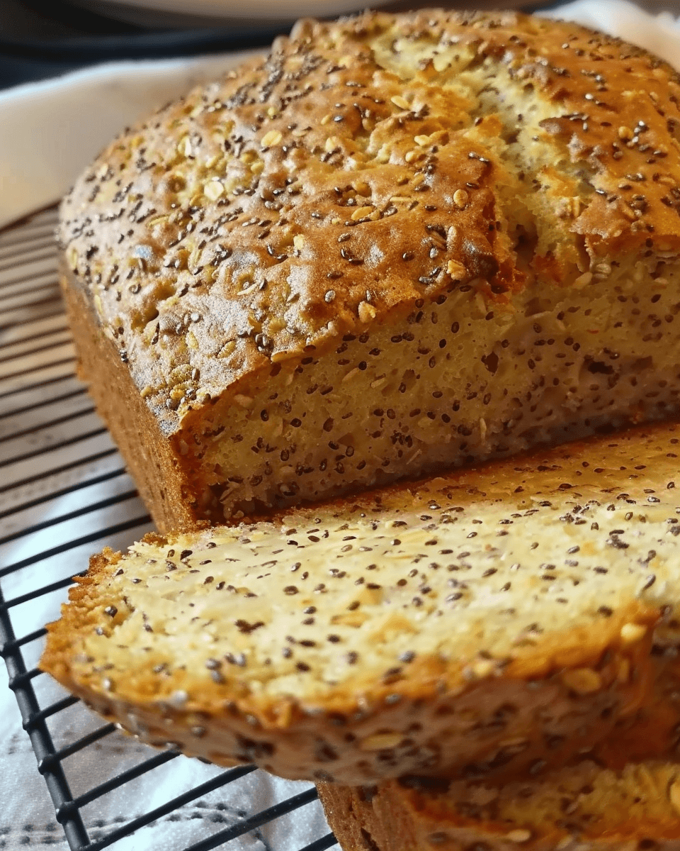 A wholesome loaf of Flourless Oat & Chia Bread, sliced on a wooden cutting board, highlighting its hearty texture. Perfect for gluten-free and healthy eating.