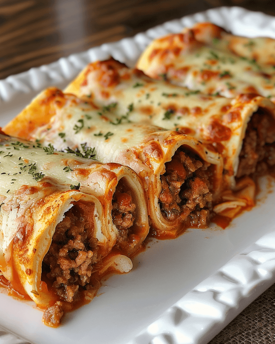 Close-up of golden-brown ground beef tortilla wraps, sliced in half, with melted cheese and fresh toppings on a plate.