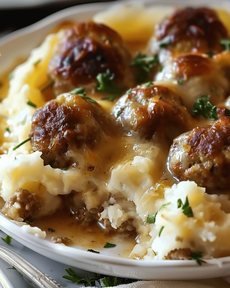 A bubbling baking dish filled with a Meatball & Mashed Potato Bake, showing layers of juicy meatballs, creamy mashed potatoes, and melted golden-brown cheese.